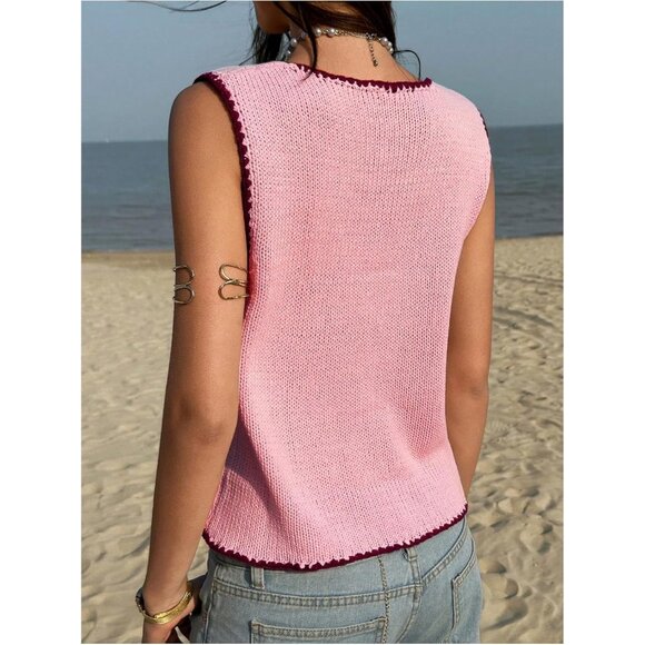 Women's Cropped Sweater Vest Acrylic Sleeveless Button Up Knit Top - Picture 2 of 6